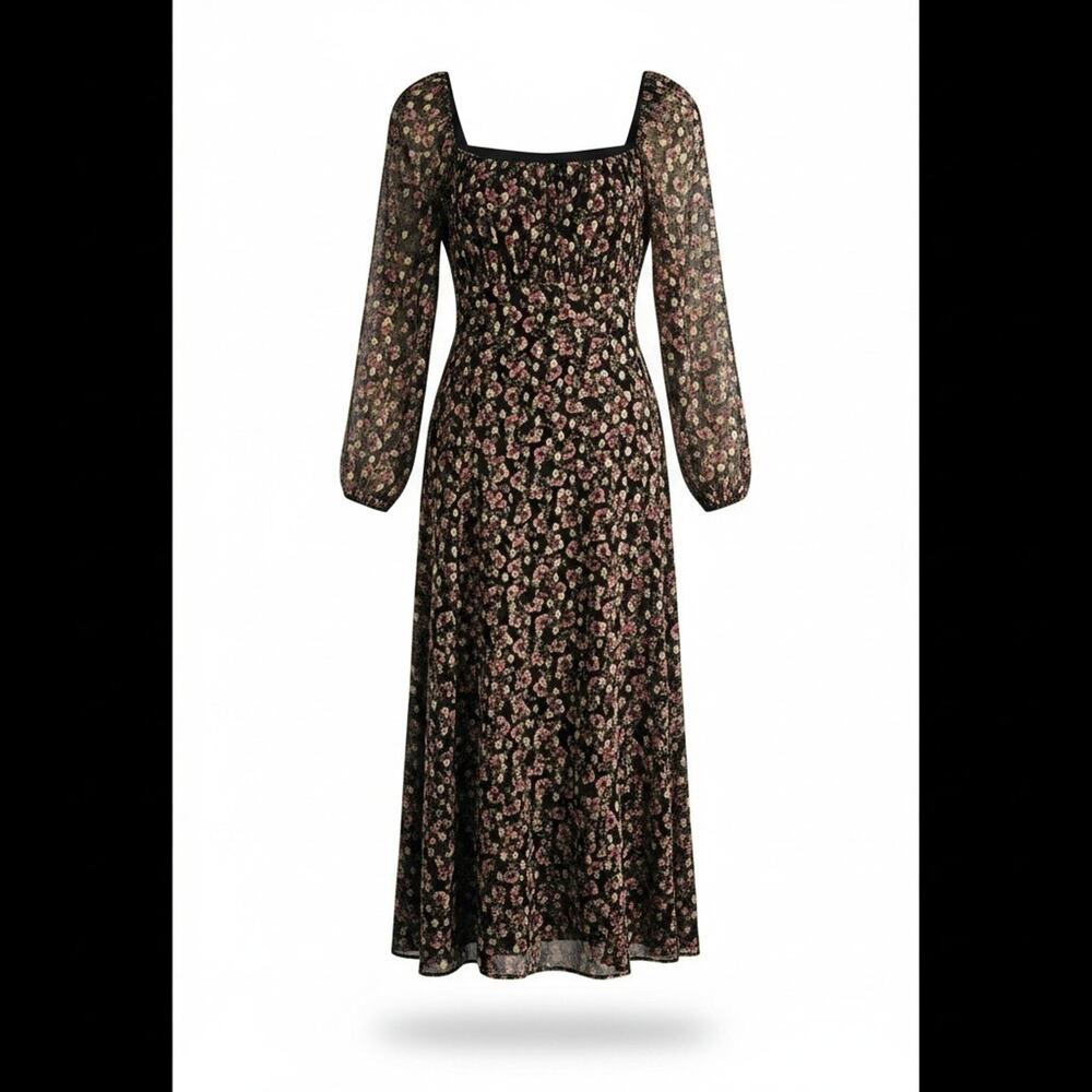 Loft Dress Size 10 Floral Black/Gold Sheer Overlay Lined Smocked Back